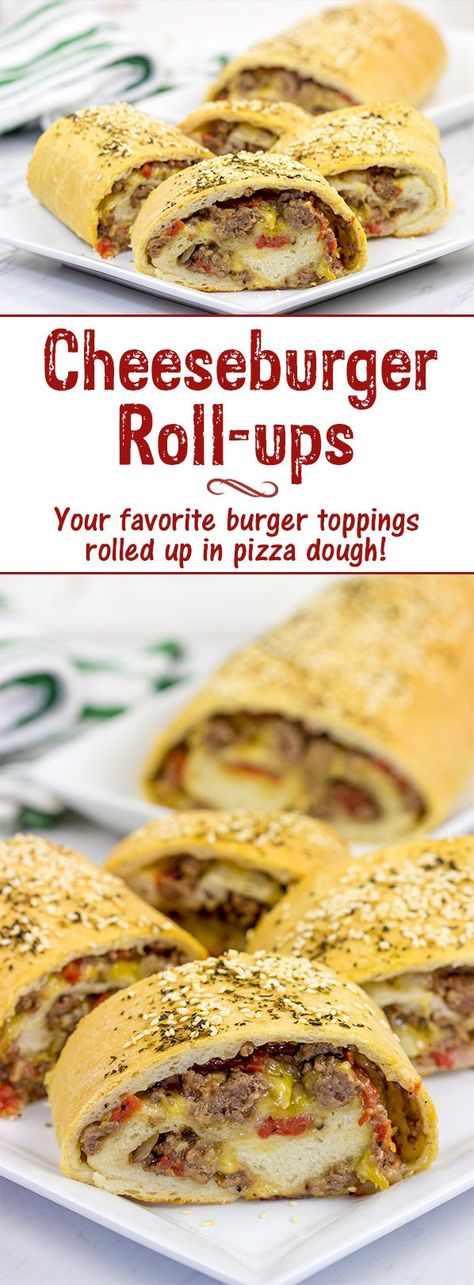 Start with your favorite burger toppings, roll 'em up in pizza dough, and you end up with these tasty (and fun!) Cheeseburger Rollups! Hamburger And Pizza Dough Recipes, Cheeseburger Roll Up, Pizza Dough Roll Ups, Kitchen Dancing, Pickle Pizza, Hamburger Rolls, Burger Toppings, Stuffed Pepper, Roast Beef Recipes