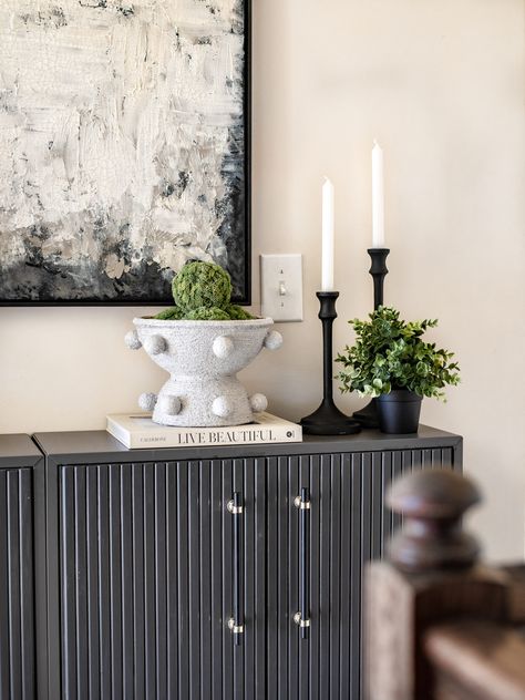 Eket Dining Room, Diy Fluted Sideboard, Rachel Carrasco, How To Dress A Sideboard, Eket Ikea Hacks, Ikea Eket Hack, How To Decorate A Sideboard, Fluted Furniture, Fluted Sideboard