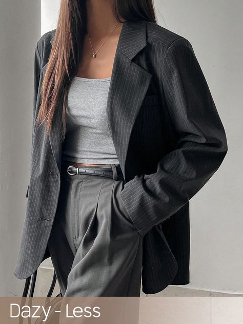 Women Striped Print Casual Long Sleeve Blazer Jacket Grey Casual  Long Sleeve Polyester Plain Regular Non-Stretch Spring/Fall Women Clothing, size features are:Bust: ,Length: ,Sleeve Length: Business Fits, Blazer Casual, Minimalist Fashion Women, Striped Jacket, Grey Blazer, Long Sleeve Blazers, Tarzan, Outfit Inspo Fall, Tailored Jacket