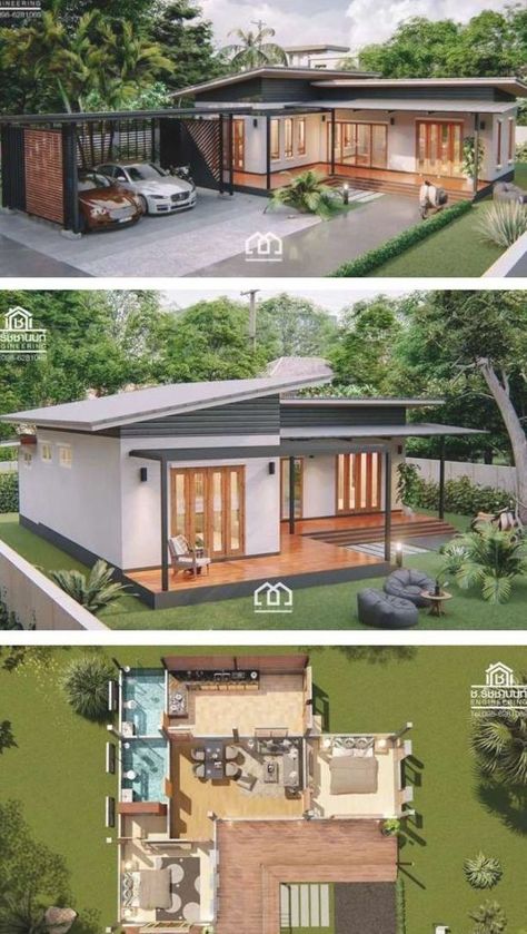 Modern, Villa-Style Single Storey House With Two Bedrooms Single Storey House, One Storey House, Pelan Rumah, Modern Bungalow House, House Plan Gallery, Casas The Sims 4, Modern Style House Plans, Farmhouse Barndominium, House Construction Plan