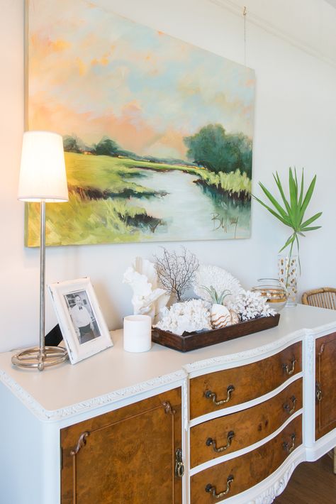 Handmade Home Decor Ideas, Coastal Apartment, Southern Coastal, Dining Room Server, Southern Art, Bold Artwork, Coastal Painting, White Dining Room, Apartment Tour