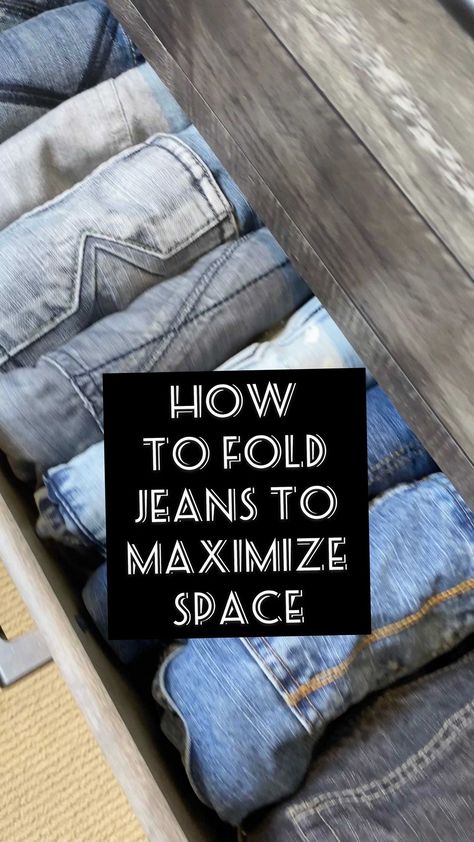 Best Way To Fold Jeans To Save Space, Folding Jeans For Drawers, Jean Folding Hacks, Folding Clothes To Save Space Jeans, How To Store Jeans, How To Fold Jeans To Save Space, Folding Jeans To Save Space, Jeans Folding, Fold Clothes To Save Space