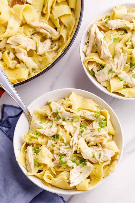 Easy Stovetop Chicken and Noodles Recipe | All Things Mamma Stovetop Chicken And Noodles, Easy Stovetop Chicken, Easy Chicken And Noodles, Chicken And Noodles Recipe, Creamy Chicken And Noodles, Chicken And Egg Noodles, Easy Shredded Chicken, Stovetop Chicken, Chicken And Noodles