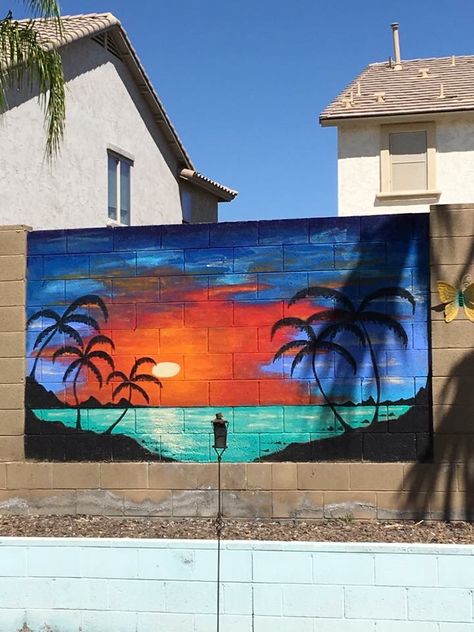 DIY 8 X 10 wall mural on cement wall in Arizona. Sunset escape! ❤️ Camper Mural, Boat Mural, Turtle Mural, Seashore Crafts, Fence Murals, Beach Murals, Sunset Mural, Painted Fence, Mad Monkey