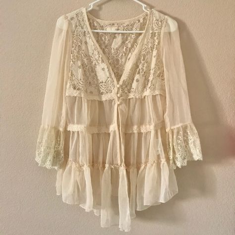 - Purchased Many Years Ago From A Boutique, Only Worn Once! In Excellent Condition! - Tagged As An Xs, Would Best Fit Sizes Xs/S - Loose, Babydoll Fit - Buttons Can Be Opened To Be Worn As A Cardigan - Beautiful Sheer Material With Lace Panels - Features Bell Sleeves To Make You Feel Like A Princess Or Lana Lol - For Those Who Love Retro, Art Deco, Vintage, Edwardian, Victorian, Rococo, Cottagecore, Coquette, Gunne Sax, Or Boho Chic Styles Rococo Cottagecore, 1970s Tops, Bell Sleeve Cardigan, Shoujo Girl, Cottagecore Coquette, Art Deco Boho, Apple Jack, Clothes Reference, Retro Art Deco