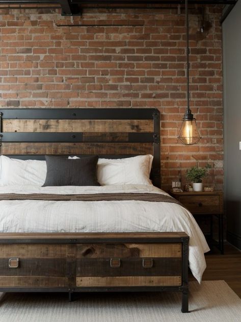 Give your bedroom an industrial aesthetic by incorporating a reclaimed wood headboard and metal bedside tables. Complete the look with vintage light fixtures and exposed brick accents for a stylish urban vibe. Bedside Table Metal, Reclaimed Wood Headboard, Cottage By The Sea, Vintage Light Fixtures, Wood Headboard, Vintage Cottage, Exposed Brick, Bedside Tables, Vintage Lighting