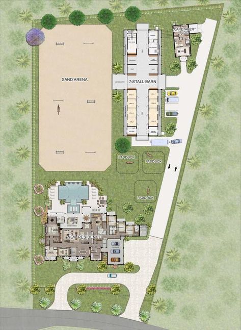 Horse Farm Layout With House, Barn Blueprints, Small Horse Farm, Horse Farm Layout, Wellington Equestrian, Horse Stables Design, Property Layout, Dream Barn Stables, Farm Property