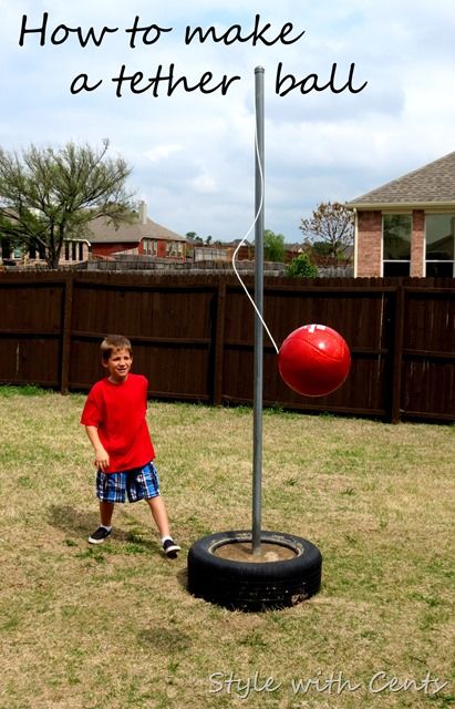 How to make a tether ball ~ www.stylewithcents.blogspot.com Tetherball, Playground Landscaping, Backyard Toys, Outdoor Party Games, Playground Ideas, Outdoor Play Areas, Diy Playground, Kids Outdoor Play, Outdoor Toys For Kids