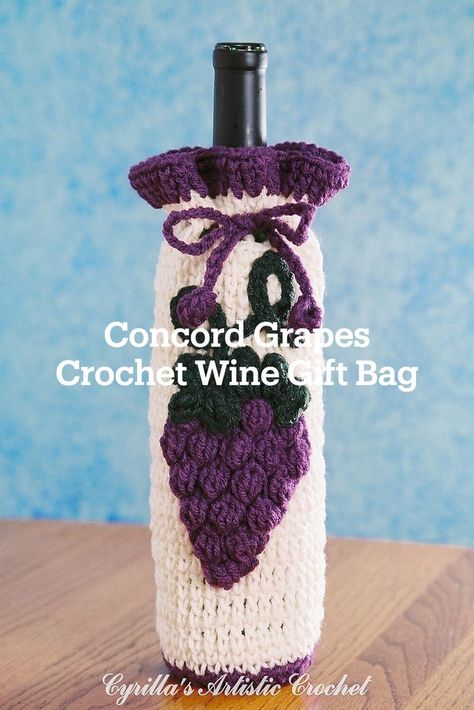 This one of a kind crochet wine gift bag is decorated with a bunch of 3D concord grapes. Fits the regular size 750ml wine bottle. Crochet Wine Bottle Gift Bag, Wine Bottle Covers Pattern, Crochet Wine Bag, Crochet Wine Bottle Holder, Wine Bag Pattern, Vine Bottle, Crochet Wine, Concord Grapes, Crochet Patterns Ideas