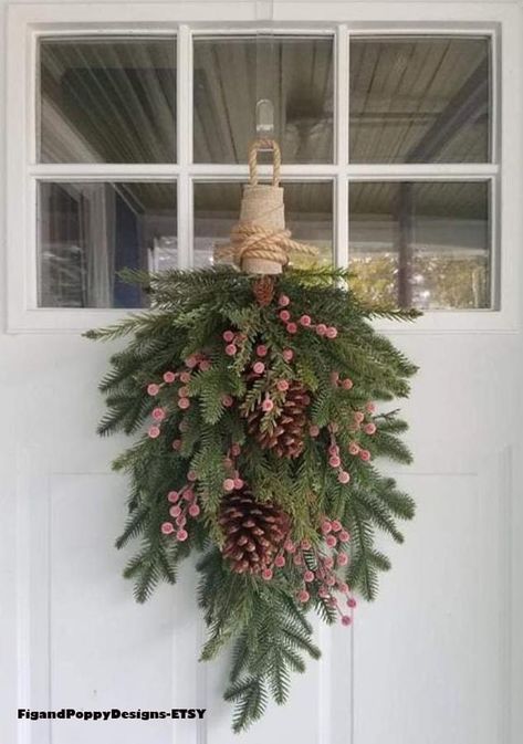 Front Door Teardrop Swag, Winter Pots Outdoor Front Doors Farmhouse, Long Wreaths For Front Door, Oversized Christmas Wreath Outdoor, Pinecone Door Swag, Pine Swags Christmas, Door Swags Christmas, Angel Wreaths Christmas, Evergreen Swags For Christmas Diy