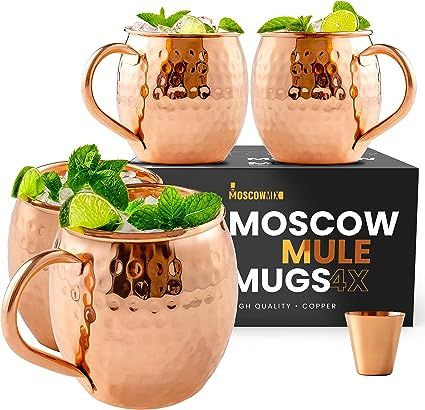 100% Pure Copper Cups Authentic Hammered Style with Classic Handle - Moscow Mule Cups Set of 4 - Mule Mugs Perfect for Party Drinking and Gift Moscow Mule Cups, Mule Mugs, Moscow Mule Cocktail, Mule Cocktail, Mule Recipe, Copper Moscow Mule Mugs, Copper Cups, Copper Handles, Copper Mugs