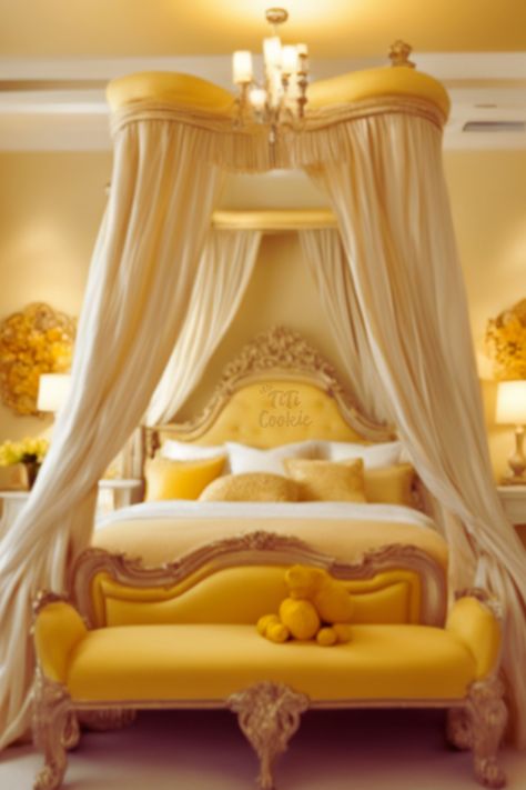 A Canopy Bed fir for a queen with golden and yellow tones Yellow Canopy Bed, Canopy Bed, Yellow Tones, Beautiful Views, Queen, Bed, Yellow