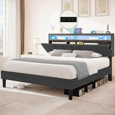 Queen Size Bed Frame, LED Bed Frame with Storage Upholstered Headboard, Platform Bed with Outlet & USB Ports, No Box Spring Needed, Easy Assembly Headboard Platform Bed, Led Bed, Queen Size Bed Frame, Upholstered Storage Bed, Led Beds, Led Bed Frame, Full Size Bed Frame, Bookcase Headboard, Queen Size Bed Frames