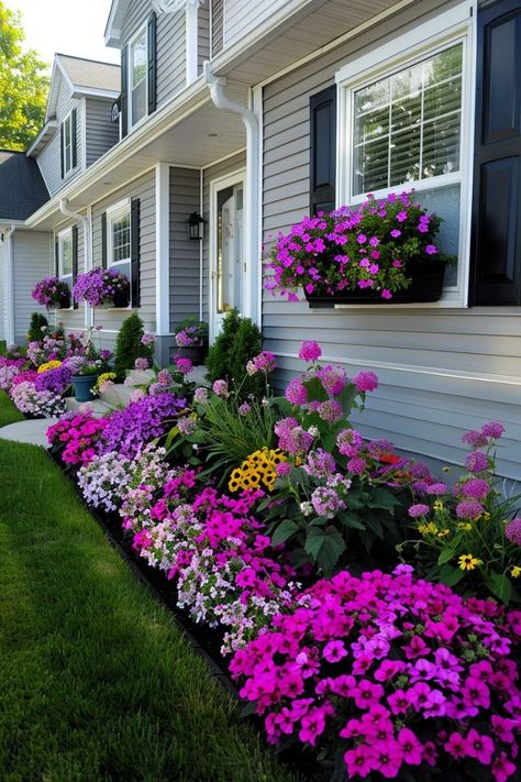 Front Lawn Landscaping, Front Garden Landscape, Garden Flower Beds, Front Yard Garden Design, Cottage Garden Design, Lawn And Landscape, Home Garden Design, In Front Of House, Garden Yard Ideas