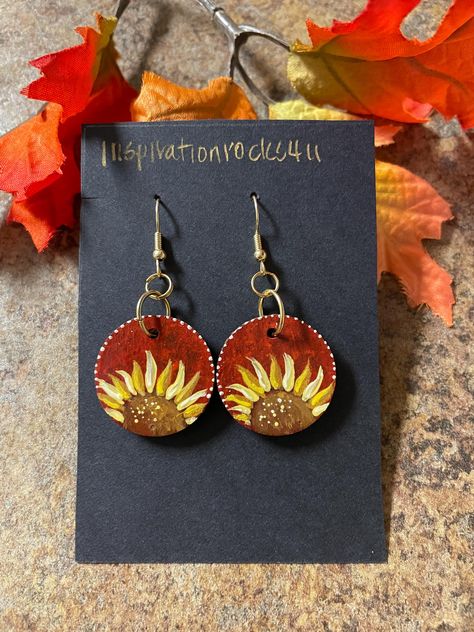 sunflower love  These earrings are very lightweight. I have painted them  With acrylics on  wooden disks, they are sealed for protection and then attached to goldtone ear wires. My art comes from the heart ❤️ Display items not included . Woodburning Earrings, Hand Painted Earrings Wood, Heart Display, Gourd Jewelry, Wood Jewelry Diy, Sublimation Earrings, Sunflower Love, Wood Jewelery, Fall Scarecrows