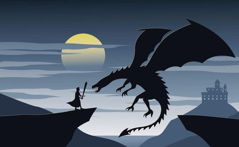 Knight And Dragon, Ice Bear We Bare Bears, Dm Screen, Mythological Animals, Batman Drawing, Dragon Silhouette, Mythical Dragons, Silhouette Painting, Dragon Knight