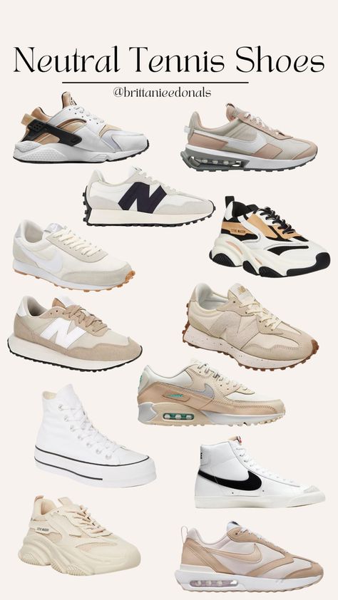 Collage of various neutral color tennis shoes and sneakers on a tan background Basic Shoes Aesthetic, Pretty Tennis Shoes, Feminine Tennis Shoes, Neutral Shoes That Go With Everything, Tan Fashion Aesthetic, Cute Shoes For Everyday, Neutral Color Tennis Shoes, Aesthetic Shoes 2023, Dressed Up Tennis Shoes Outfit