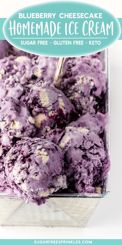 This blueberry cheesecake ice cream is delish! Made with sweet blueberries, creamy vanilla ice cream, chunks of real cheesecake and ribboned with a blueberry drizzle - this ice cream will make your toes curl. At only four net carbs per serving, it's low carb, keto friendly and sugar-free. A perfect frozen dessert for a hot summer evening. A low carb recipe you can make with an ice cream maker, or follow our instructions to make it by hand. Just make it! It's sinfully good. Keto Blueberry Ice Cream, Sugar Free Frozen Desserts, Keto Yogurt Ice Cream Recipe, Ninja Creami Blueberry Cheesecake, Cottage Cheese Blueberry Ice Cream, Keto Homemade Ice Cream, Keto Frozen Yogurt, Blueberry Cheesecake Ice Cream Recipe, Keto Blueberry Cheesecake