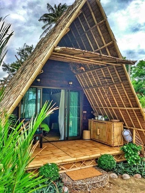 Bamboo Bungalow, Triangle House, Bahay Kubo, Hut House, Tropical House Design, Bamboo House Design, Bamboo Architecture, A Frame House Plans, Rest House