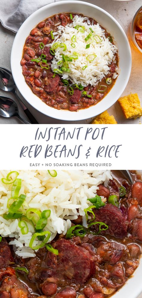 This red beans and rice is jam packed full of authentic New Orleans flavor, but made in Instant Pot for a quicker and easier Cajun meal! With no shortcuts, just simple ingredients like dried red beans, andouille sausage, and plenty of spices. Filling, satisfying, and budget friendly, you'll come back to this recipe over and over, just like we do. From our Southern family. #cajun #neworleans #pressurecooker #easydinner Rice Instant Pot Recipes, Easy Red Beans And Rice Recipe, Easy Red Beans And Rice, Red Beans And Rice Recipe Easy, Instant Pot Recipes Healthy Family, Pot Beans, Instant Pot Recipes Healthy, Red Beans Recipe, Red Beans And Rice Recipe