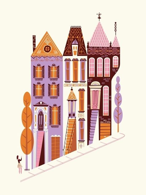 This Pin was discovered by Emma Leigh. Discover (and save!) your own Pins on Pinterest. Jamie Thomas, San Francisco Print, Building Illustration, Color Illustration, Shop Illustration, Animal Illustrations, House Illustration, Poster Series, Victorian Houses