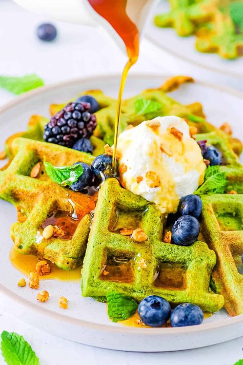 Green Waffles | The Picky Eater Green Waffles, Honeydew Milk Tea, Blender Waffles, Matcha Waffles, Matcha Recipes, Healthy Waffles, Milk Tea Recipes, Plant Based Recipes Breakfast, Green Matcha