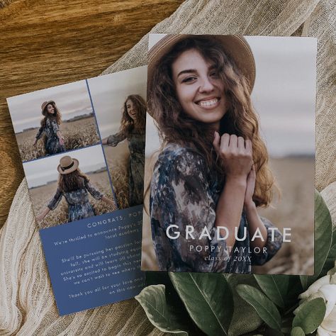 Chic Blue Message Photo Collage Graduation Announcement College Grad Announcements, Grad Announcements, Graduation Announcement Cards, White Typography, Graduation Announcement, Foil Invitations, Rustic Boho, Graduation Announcements, Free Birthday Invitations