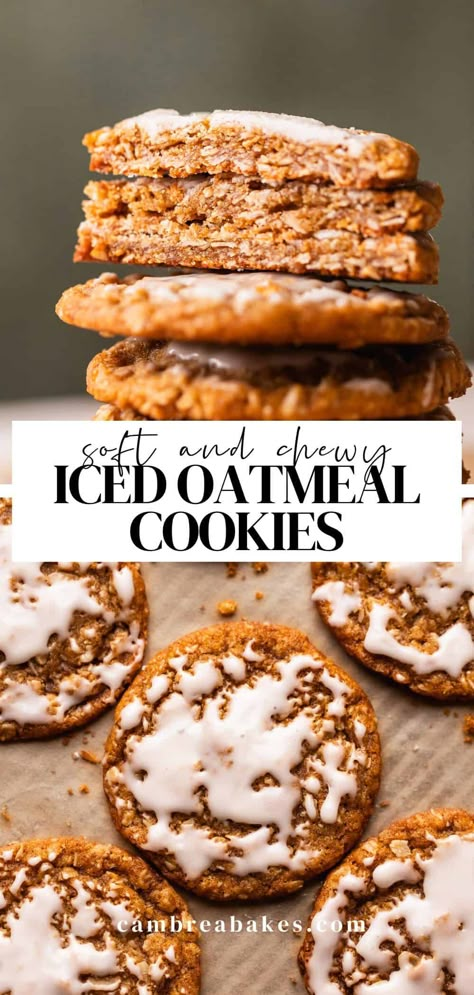 These iced oatmeal cookies are soft and chewy, made with brown butter, warm spiced, and lightly dipped in vanilla icing to taste just like the classic store-bought cookies! Cambrea Bakes, Crispy Oatmeal Cookies, Lemon Bar Cookies, Einkorn Recipes, Iced Oatmeal Cookies, Vanilla Icing, Oatmeal Cookie Recipes, Best Cookie Recipes, Bar Recipes