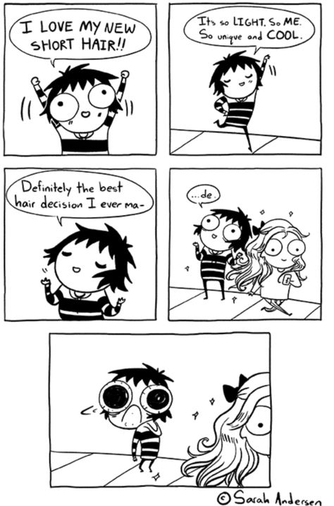 You occasionally feel a pang of regret when you see someone with beautiful, long mermaid hair. | 19 Things You Know If You've Ever Had Your Long Hair Chopped Off Relatable Cartoons, Saras Scribbles, Sarah Scribbles, Sarah Anderson Comics, Sarah's Scribbles, Sarah Andersen, Sarah Anderson, Women Problems, Girls Problems