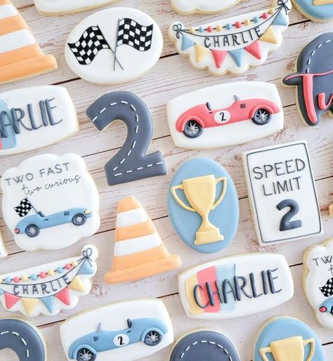 Race Car Theme Birthday Cookies, Too Fast Birthday Cookies, Race Car Cookies Royal Icing, Racing Birthday Cookies, 2 Fast Birthday Party Cookies, 2 Fast 2 Curious Cookies, Race Car Cookie, Two Fast Two Curious Cookies, Two Fast Sugar Cookies