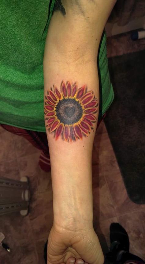 Red Orange Sunflower Tattoo, Burgundy Sunflower Tattoo, Red Sunflowers Tattoo, Maroon Sunflower Tattoo, Red And Yellow Sunflower Tattoo, Sunflower Cluster Tattoo, Red Sunflower Tattoo, Watercolor Sunflower Tattoo, Sunflower Tattoo Shoulder