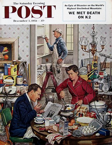 "Home Improvement,"Dec 5, 1953 Saturday Evening Post cover illustrated by Stevan Dohanos.  A couple has breakfast in the midst of a chaotic home renovation.  | Retro Reveries.  #RetroReveries #saturdayeveningpost #magazinecover #dohanos #1950s #retroart #vintage #funny Normal Rockwell, Saturday Evening Post Covers, American Dreams, Retro Artwork, Saturday Evening Post, Evening Post, Marmont Hill, Norman Rockwell, American Comics