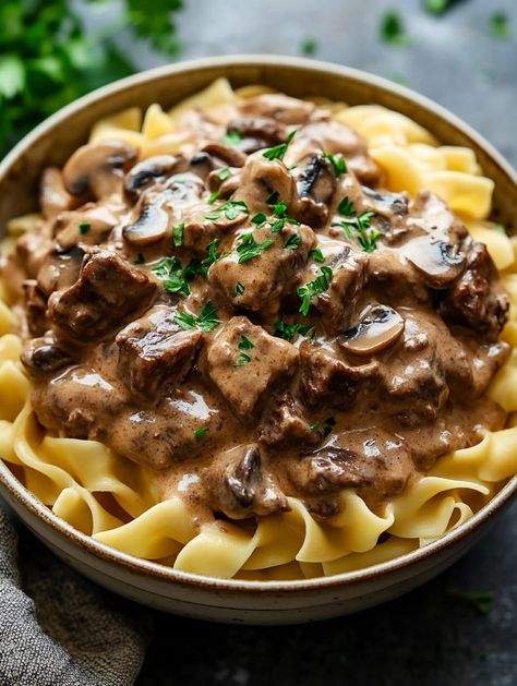 Classic Beef Stroganoff: A Hearty and Creamy Comfort Dish - Greenku Recipes Beef Stroganoff Half Baked Harvest, Short Rib Stroganoff Recipe, Recipes For Beef Stroganoff, Beef Stroganoff With Tomato Paste, Home Made Beef Stroganoff Recipe, Homemade Beef Stroganoff Recipe, Beef Stroganoff Crockpot Easy, Instapot Beef Stroganoff, Leftover Tenderloin