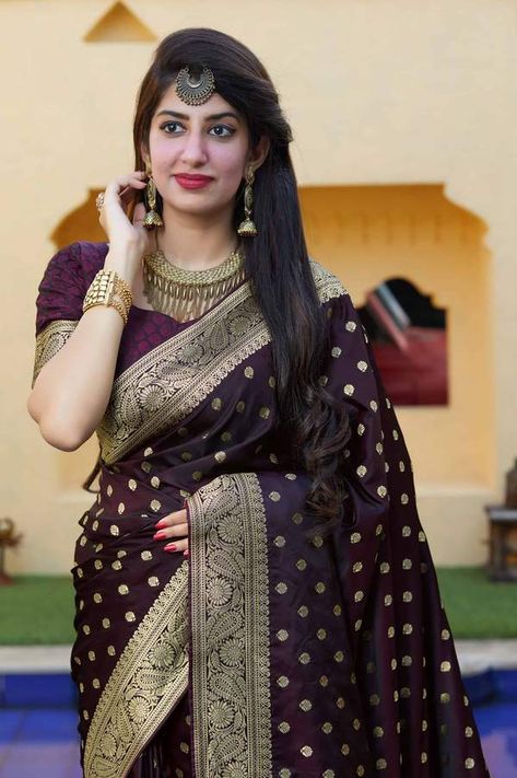 Wine Colour Saree, Kancheepuram Silk Saree, Satin Silk Saree, Golden Saree, Wine Colour, Saree Sale, Banarasi Silk Saree, Black Saree, Black Thread