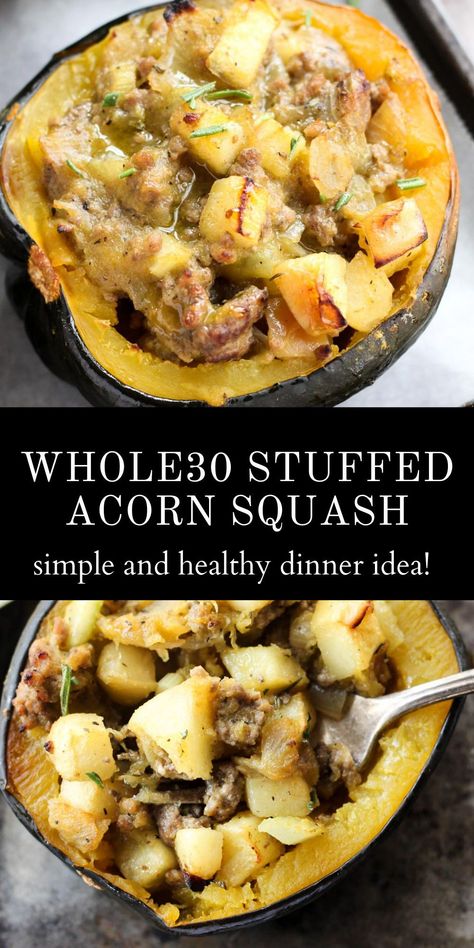 Whole30 Stuffed Acorn Squash has all of your favorite winter flavors in one delicious dinner! It's filled with wholesome ingredients like apples, celery, and fresh herbs. It's a simple, and easy recipe that the whole family will love! Stuffed Acorn Squash Whole 30, Acorn Squash Healthy Recipes, Turkey Acorn Squash Recipes, Whole30 Acorn Squash Recipes, Whole30 Acorn Squash, Whole30 Squash Recipes, Whole 30 Acorn Squash Recipes, Butternut Squash Whole 30, Paleo Acorn Squash Recipes