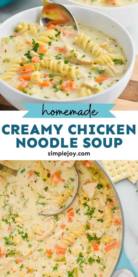 Creamy Chicken Noodle Soup is the ultimate comfort food! Your favorite soup recipe, but creamy and delicious. This soup recipe is a perfect side, but hearty enough to be dinner! Ultimate Chicken Casserole, Rotisserie Chicken Soup, Creamy Chicken Noodle, Creamy Soup Recipes, Macaroni Soup, Creamy Chicken Noodle Soup, Creamy Chicken Soup, Chicken Noodle Soup Homemade, Noodle Soup Recipes