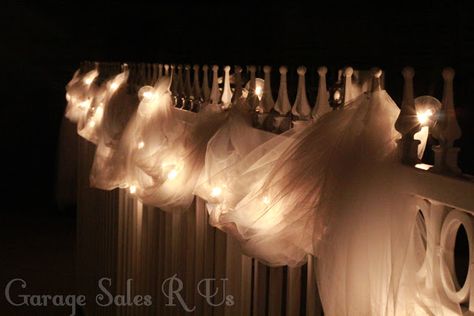 Tulle on a fence with lights Fence With Lights, Kids Party Gift, Whimsical Wedding Decorations, Backyard Fence, Sage Wedding, Wedding Flower Decorations, Flower Centerpieces Wedding, Wedding Pins, Whimsical Wedding