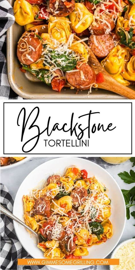 Food On A Griddle, Kielbasa And Tortellini Blackstone, Black Stone Grill Dinner Ideas, Blackstone Tortilini Recipes, Black Stone Easy Dinner, Cheese Tortellini Recipes Blackstone, Blackstone Italian Recipes, Blackstone Grill Tortellini, Keilbasa Recipes Tortellini