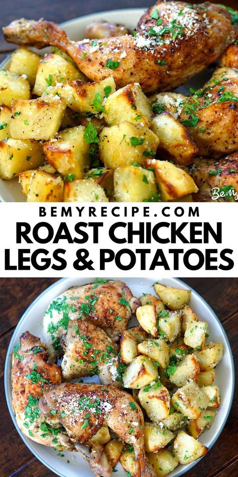 Roast Chicken Legs with Potatoes Chicken Leg Quarter Recipes Baked With Potatoes, Whole Chicken Legs Recipes, Chicken Legs And Potatoes In Oven, Chicken Legs Dinner Ideas, Whole Chicken Leg Recipes, Roasted Chicken Legs Oven, Chicken Legs Recipes For Dinner, Chicken Leg Dinner Ideas, Chicken Leg Quarters Oven