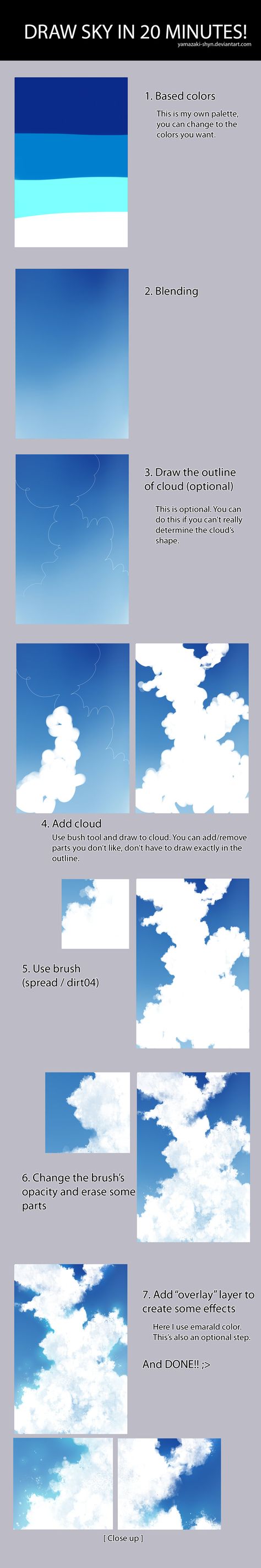 Tutorial: How to draw sky in 20 minutes [SAI] by Yamazaki-Shyn.deviantart.com on @DeviantArt Cloud Tutorial, Drawing Sky, Sky Digital, الفن الرقمي, Seni Cat Air, Gambar Figur, Lukisan Cat Air, Digital Painting Tutorials, Sky And Clouds