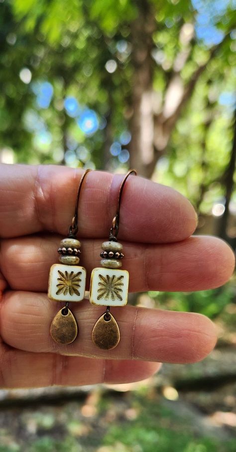 Starburst Tile, Earrings Starburst, Czech Earrings, Tile Earrings, Alabaster White, Dangle Earrings Boho, Dope Jewelry, Boho Green, Funky Jewelry