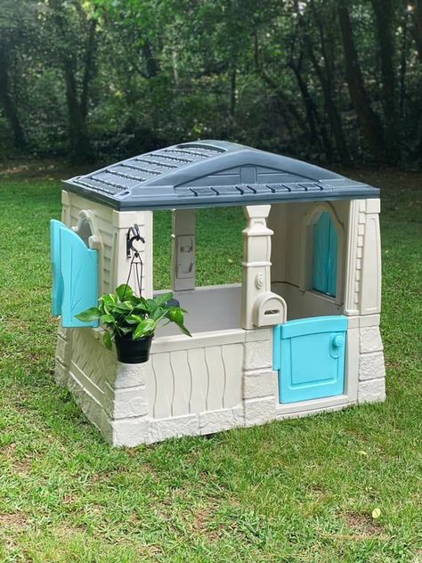 Playground Backyard Landscaping, Diy Playhouse Makeover, Outdoor Playhouse Ideas, Playground Backyard, Plastic Playhouse, Playhouse Makeover, Playhouse Ideas, Garden Playhouse, Outdoor Playhouse