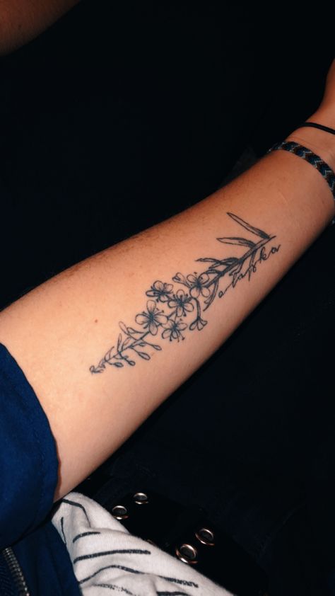 Beautiful simple tattoo floral fireweed Alaska Alaskan native flower Alaskan Themed Tattoo, Alaskan Tattoo Ideas, Fireweed Flower Tattoo, Alaska State Flower Tattoo, Alaskan Native Tattoos, Alaska Fireweed Tattoo, Alaska Flower Tattoo, Native Alaskan Tattoo, Alaskan Fireweed Tattoo