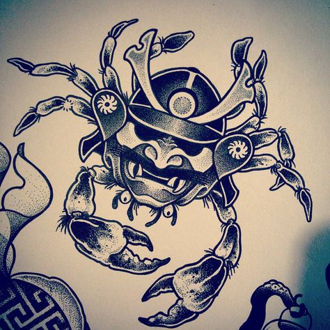 Dotwork Samurai Crab. Granchio Samurai. Samurai Crab Tattoo, Samurai Crab, Crab Tattoos, Egyptian Eye Tattoos, Crab Tattoo, Archangel Tattoo, Grim Reaper Tattoo, Zodiac Tattoos, Leg Sleeve Tattoo