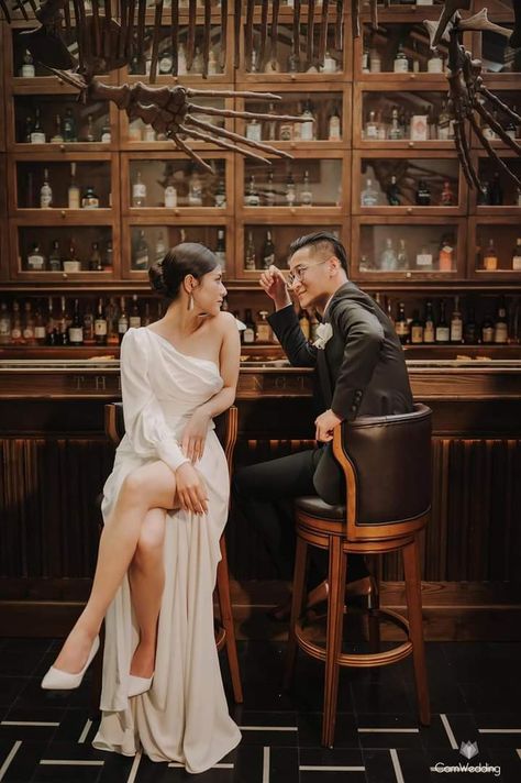 Asian Pre Wedding Photoshoot, Saree Engagement Photoshoot, Mafia Style Wedding Photos, Bar Prewedding, Old Hollywood Couples Photoshoot, Chinese Engagement Photos, Bar Couple Photoshoot, Hotel Engagement Shoot, Art Deco Wedding Photography