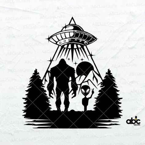 Alien And Bigfoot Tattoo, How To Draw Bigfoot Easy, Bigfoot Svg Free, Bigfoot Tattoo, Alien Silhouette, Yeti Svg, Bigfoot Svg, Alien Svg, Bigfoot Silhouette