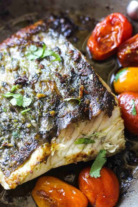 seared barramundi fillet with cherry tomatoes in a pan Barramundi Recipes, Walleye Recipes, Roasted Poblano Peppers, Creamy Mash, Healthy Fish, Grilled Asparagus, Pesto Sauce, Top Recipes, Fish Dishes