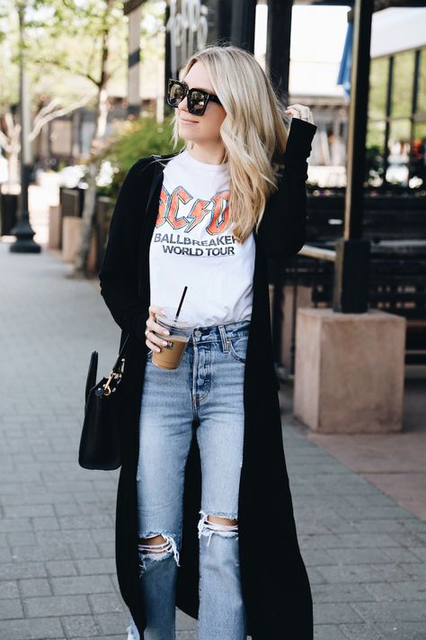 Long Band Tee Outfits, Womens Black Cardigan Outfit, Styling Band Tees Outfit, Casual Edgy Spring Outfits, Tshirt Jeans Cardigan Outfit, Long Cardigan Summer Outfit, Cardigan Band Tee Outfit, White Band Tee Outfit, Black Cardigan Sweater Outfit