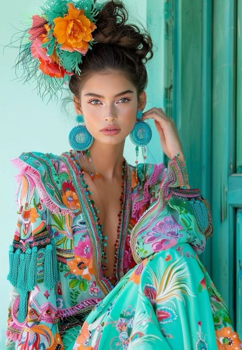 Spanish Dress Party, Mexican Inspired Photoshoot, South America Fashion, Mexican Dress Up, Flamenco Inspired Outfit, Mexican Inspired Dress, Mexican Clothing Style, Cuban Fashion, Woman With Flowers