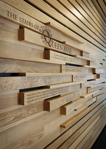 Environmental graphics by Chad Evans, timber slatted cladding with text printed onto the surface Interpretive Signage, Donor Wall, Donor Recognition, History Wall, Timber Slats, Timber Walls, Environmental Graphic Design, Wayfinding Signage, Environmental Design